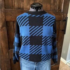 Cabin Creek Women's Blue and Black Checkered Turtleneck Sweater vintage